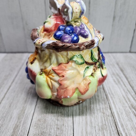 Vintage Painted Jam Jar Fruits and Fall Leaves Design Ceramic with Lid 5.5" Tall - Picture 2 of 8